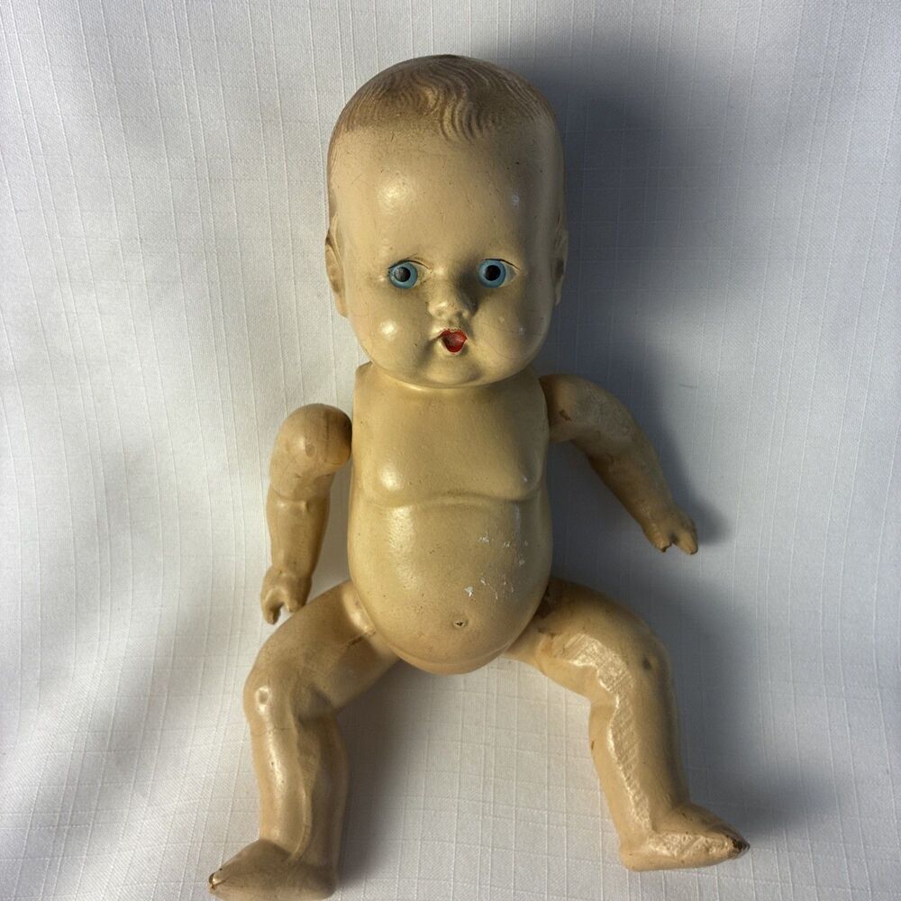 VINTAGE COMPOSTION 8"  BABY DOLL MOLDED HAIR PAINTED BLUE EYES